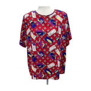Kathie Lee Vintage Travel Print Blouse L 90s